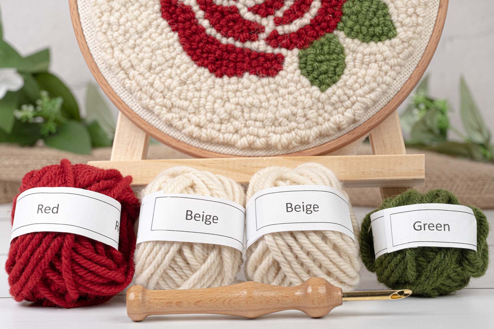 Rose Mini Punch Needle Kit - Includes Punch Needle Tool, 100% Wool Yarn, 8 inch Beech Wood Hoop, and More