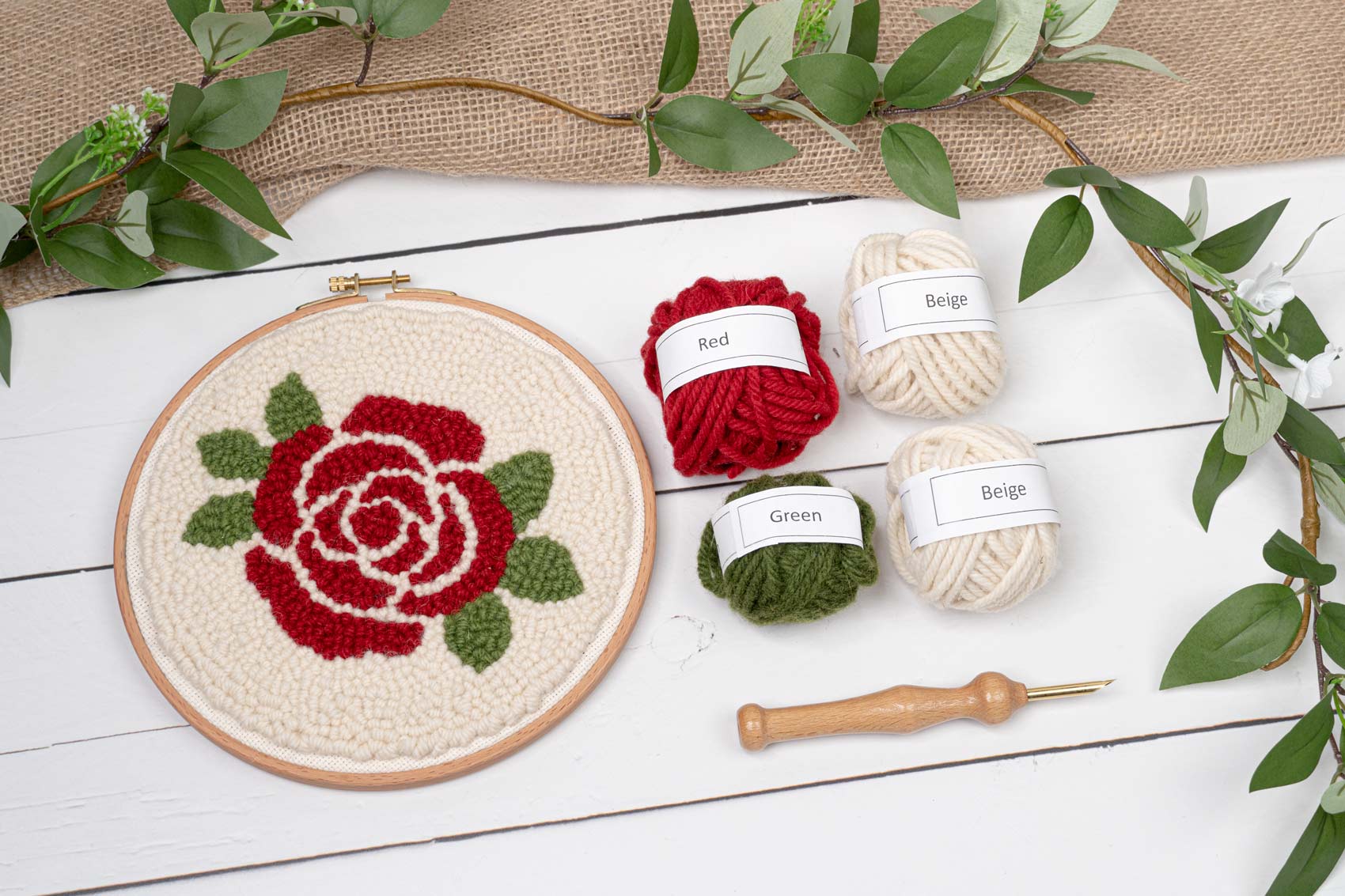 Rose Mini Punch Needle Kit - Includes Punch Needle Tool, 100% Wool Yarn, 8 inch Beech Wood Hoop, and More