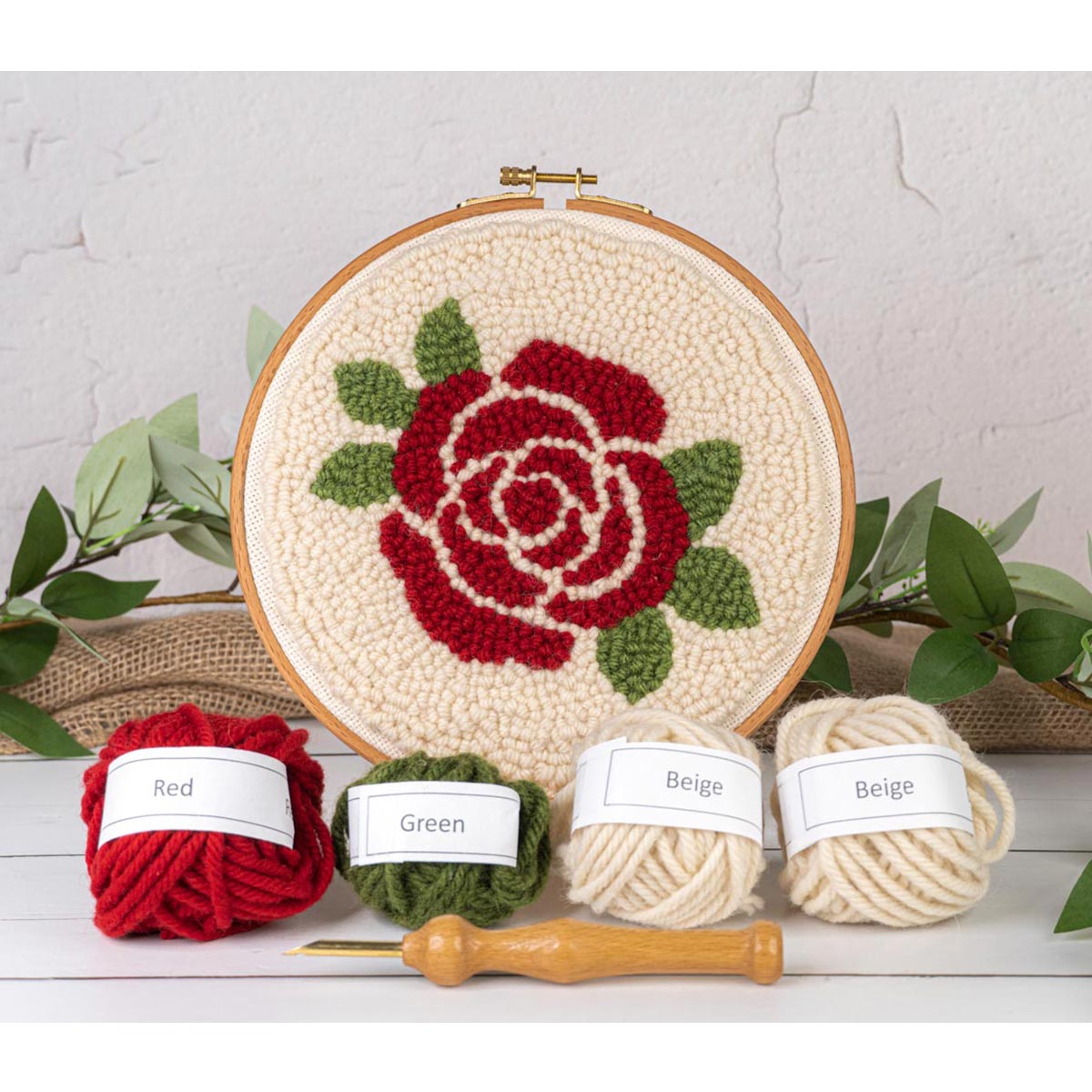 Rose Mini Punch Needle Kit - Includes Punch Needle Tool, 100% Wool Yarn, 8 inch Beech Wood Hoop, and More